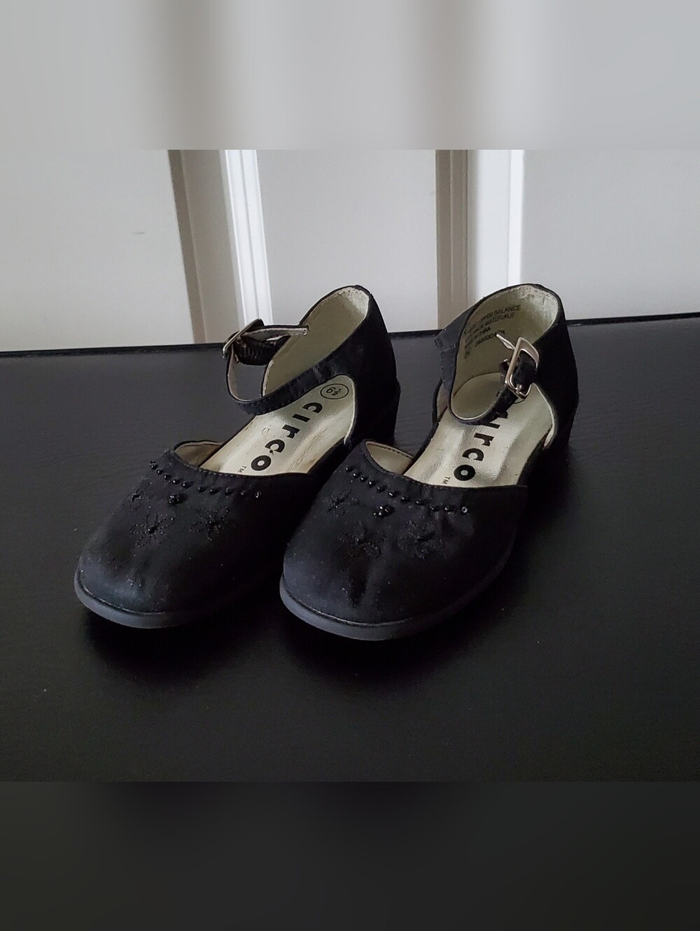 Toddler Girl's Matte Black Dress Shoes with Beading Details and Buckle Fasten